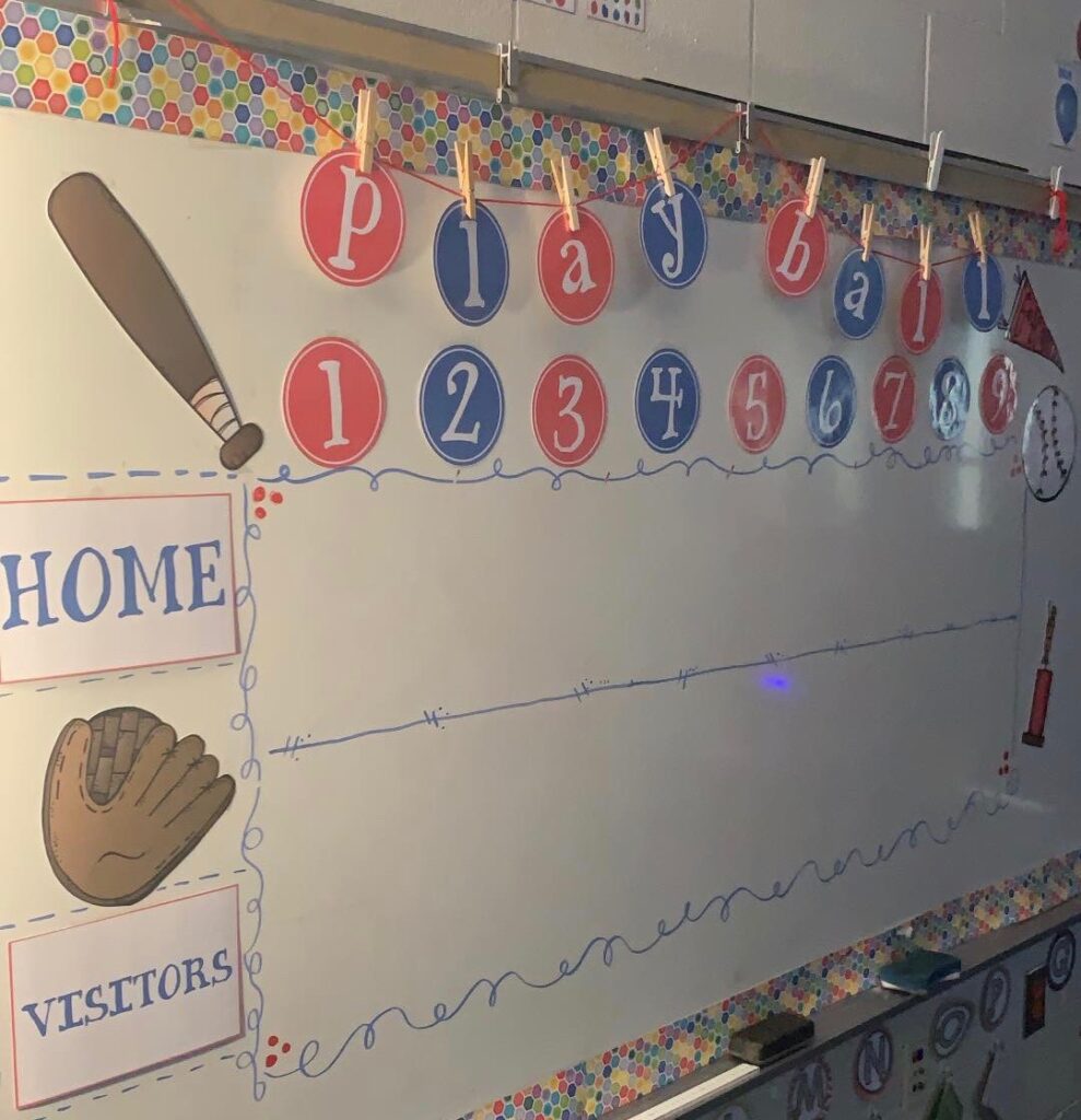 1st grade math review - Baseball room transformation for first grade math activities.