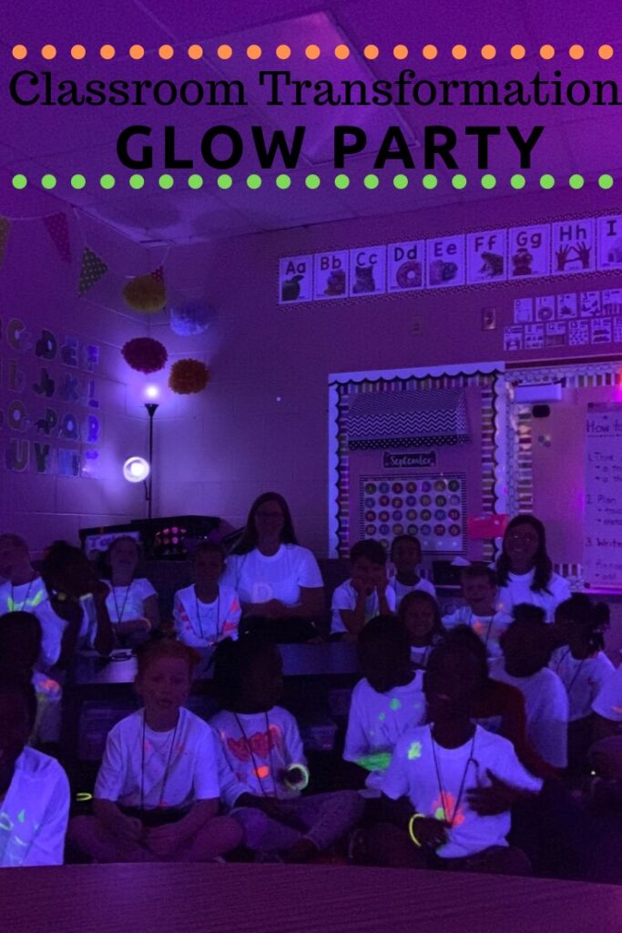 Classroom Transformation glow party for first grade.  Glow in the dark transformation for reading and math.
