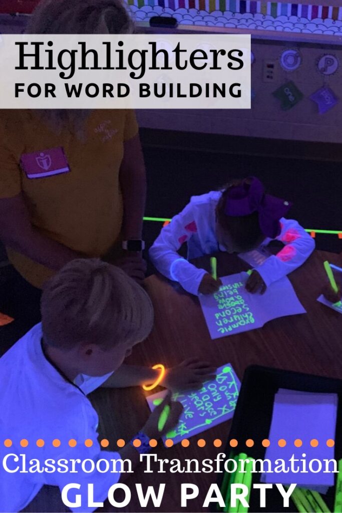 Classroom Transformation glow party for first grade.  Glow in the dark transformation for reading and math.